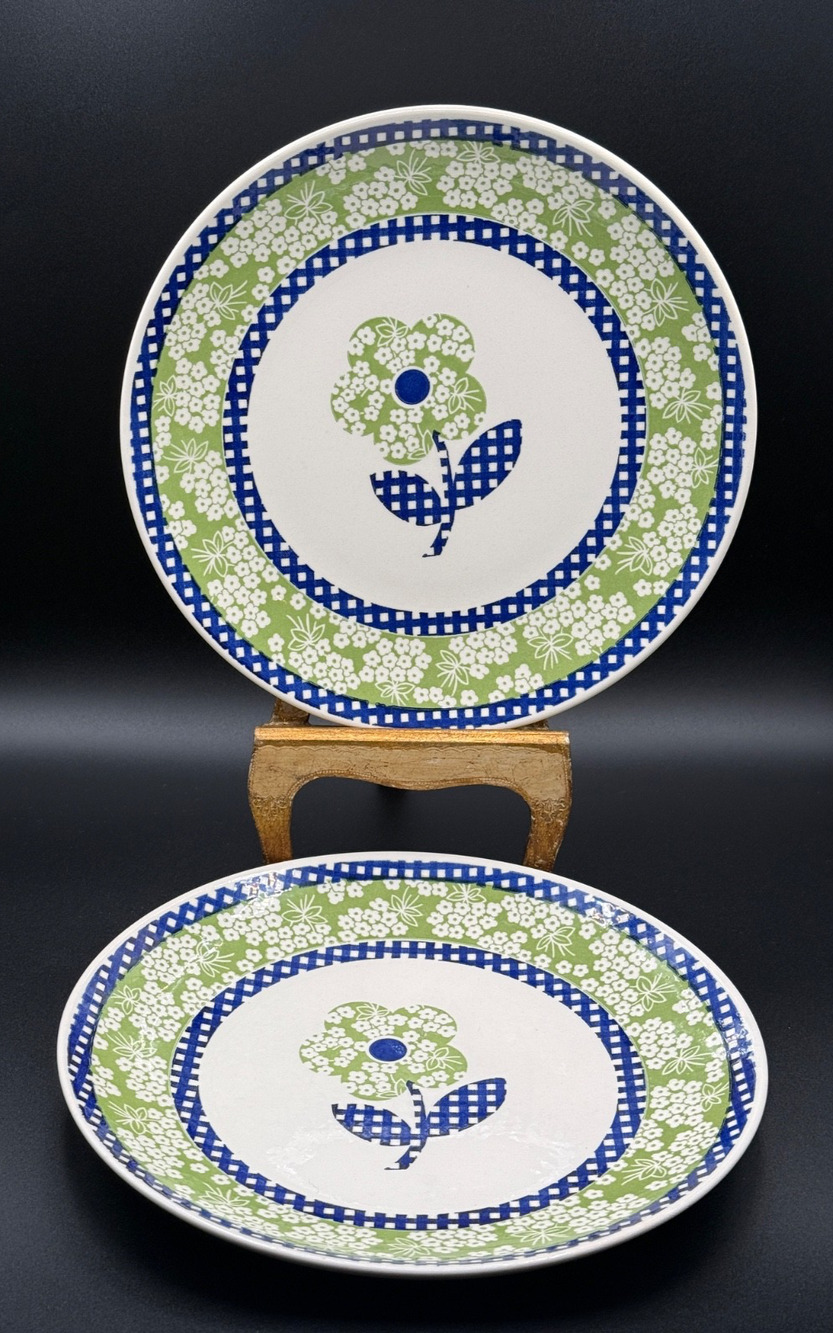 💙🌿 Set of 2 Royal USA RYL325 Dinner Plates 10 1/8" Blue & Green Floral Lattice